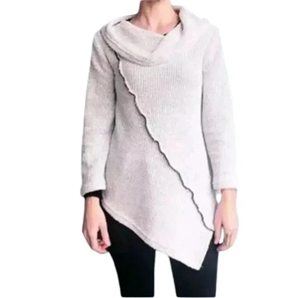Yushi Asymmetrical Cowl Neck Oatmeal Beige Cotton Blend Women’s SZ M #2259